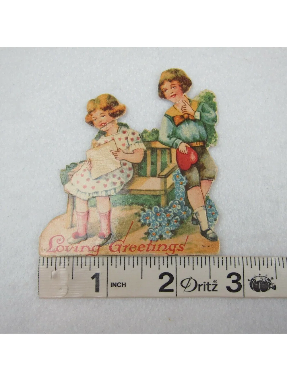 Vintage Valentine Die Cut Stand Up Boy & Girl on Bench Heart 1920s-30s Germany